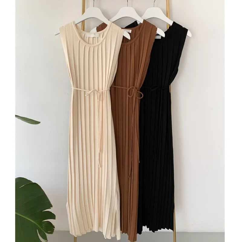 Knitted tank dresses in beige, brown, and black, showcasing versatile casual summer styles.