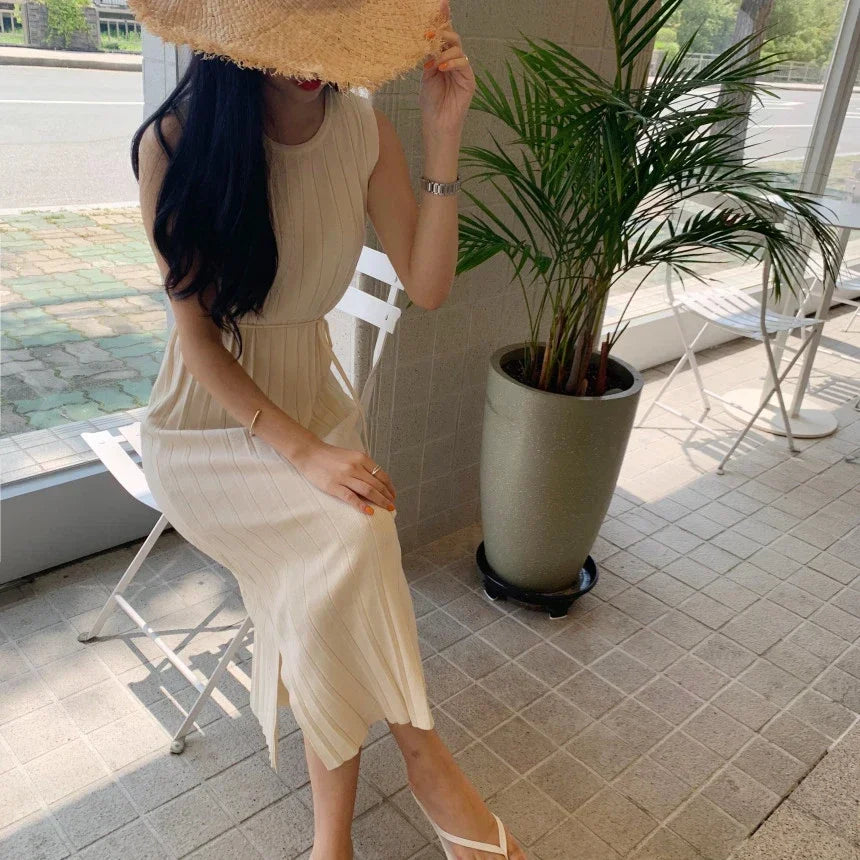 Beige summer tank dress with high-stretch fabric for effortless movement and style