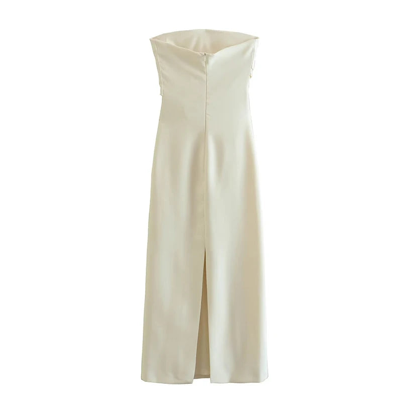 Sophisticated beige midi dress, strapless and knee-length, ideal for chic evening events.