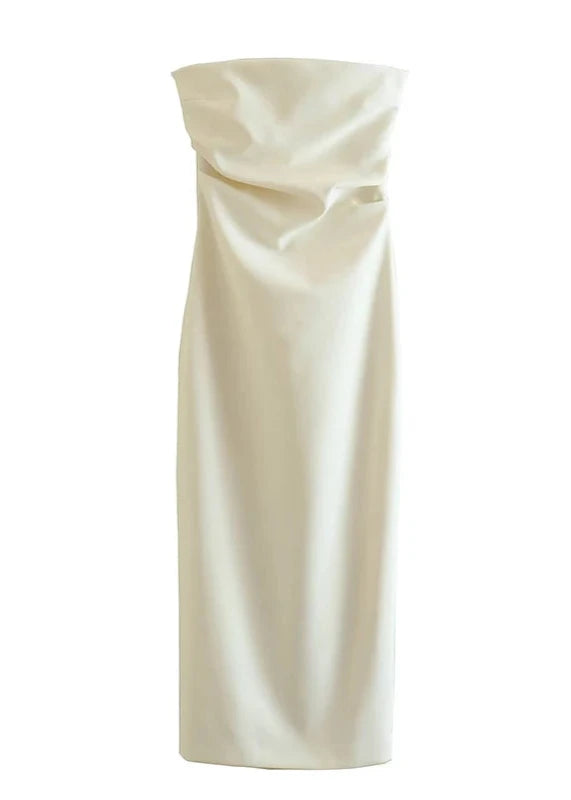 Stylish beige strapless fitted midi dress with subtle folds, perfect for winter sophistication.