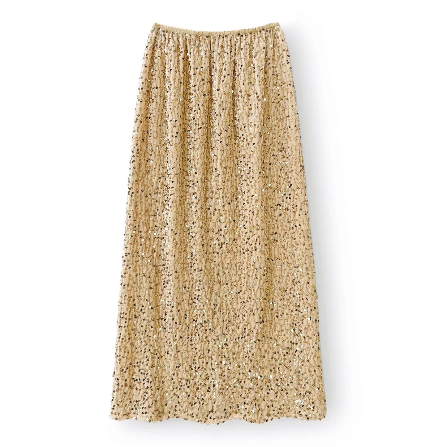 An elegant beige velvet skirt with subtle sequins, ideal for versatile chic outfits.