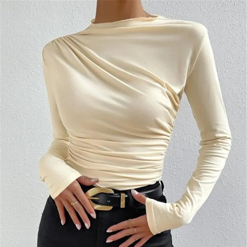 Beige Vintage Pleated Long Sleeve T-Shirt with diagonal pleats for autumn/winter fashion