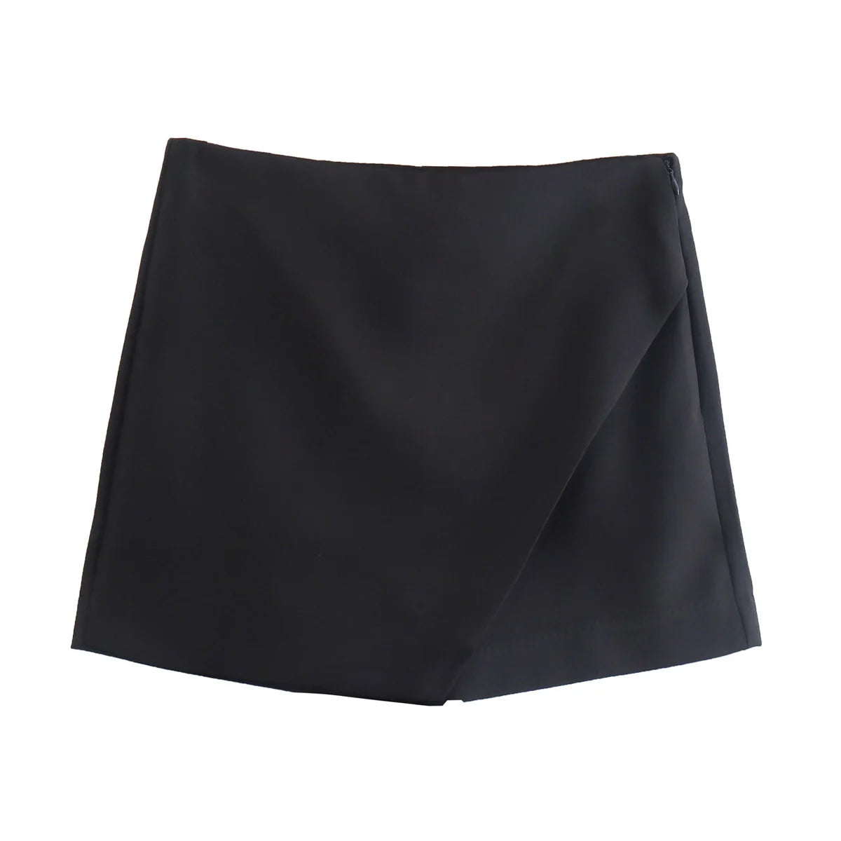 Black asymmetrical high-waist skort with back pockets, perfect for chic and modern styling.