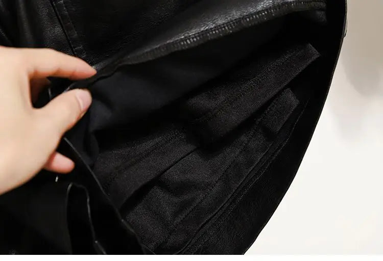 Zoomed-in view from the inside of the Black High-Waist Leather Shorts, emphasizing the quality lining and craftsmanship.