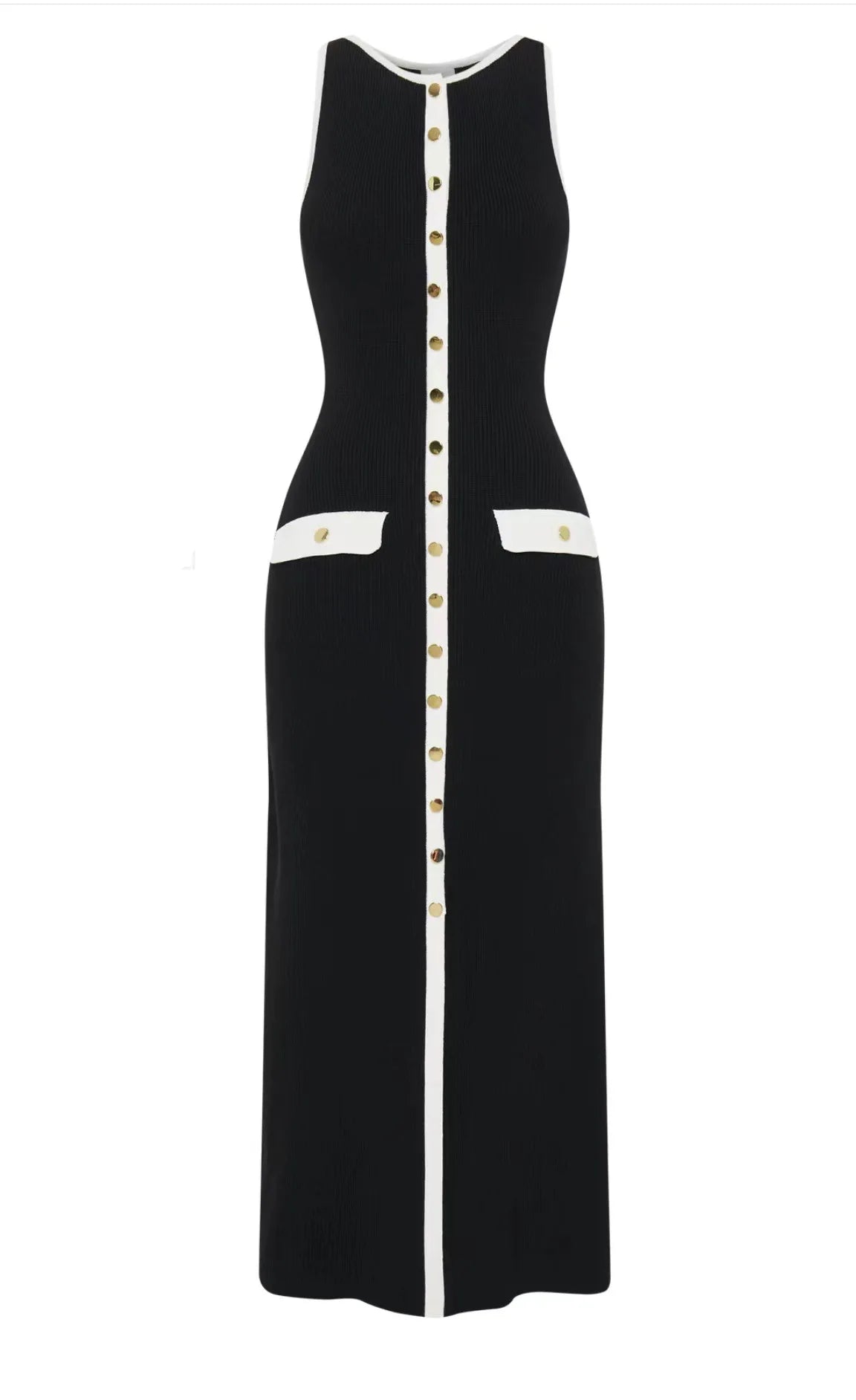 black knitted mid-calf dress displayed flat, showcasing its elegant design and fabric.