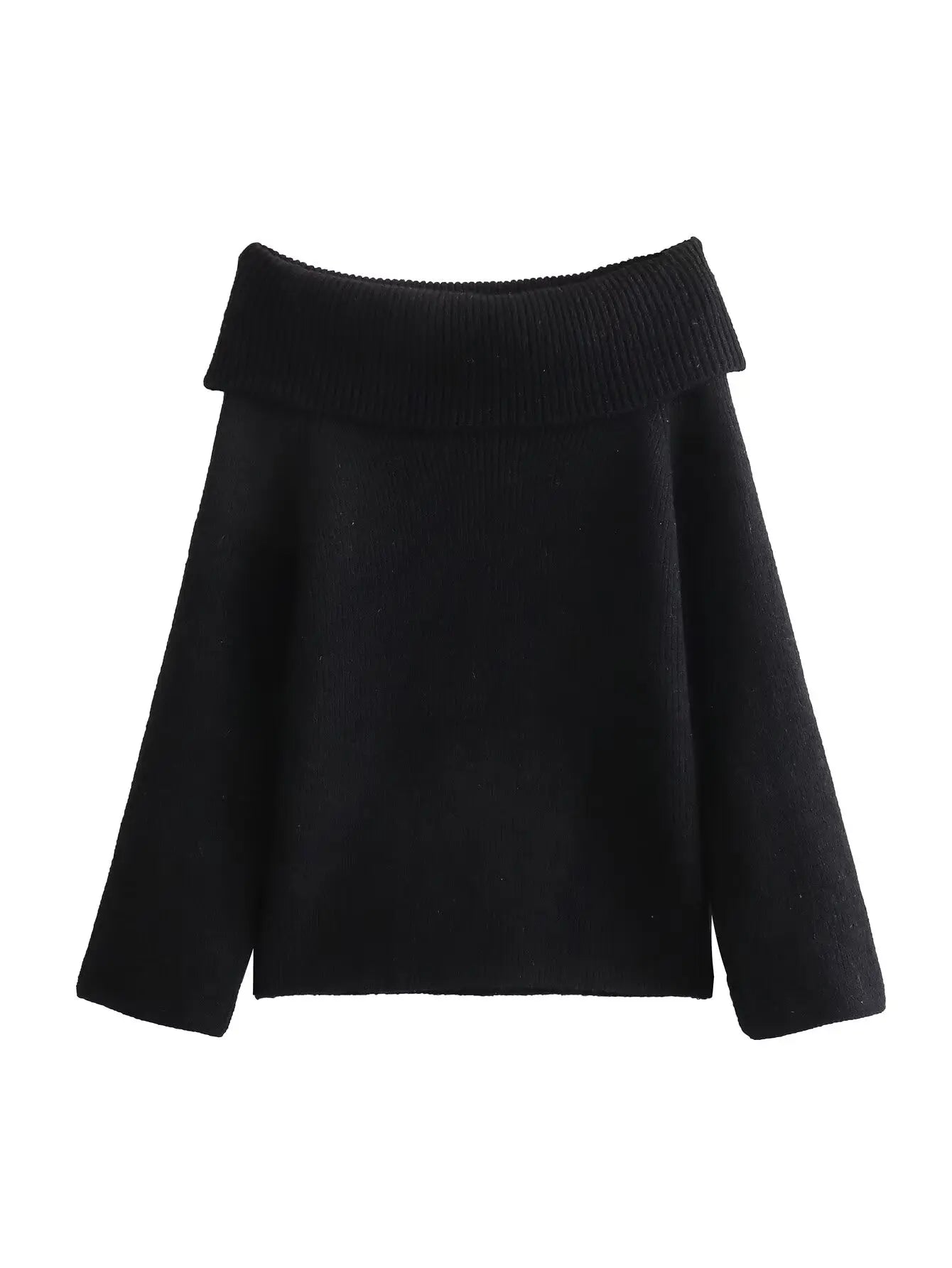 Classic black off-shoulder knitted sweater, versatile for chic and timeless outfits.