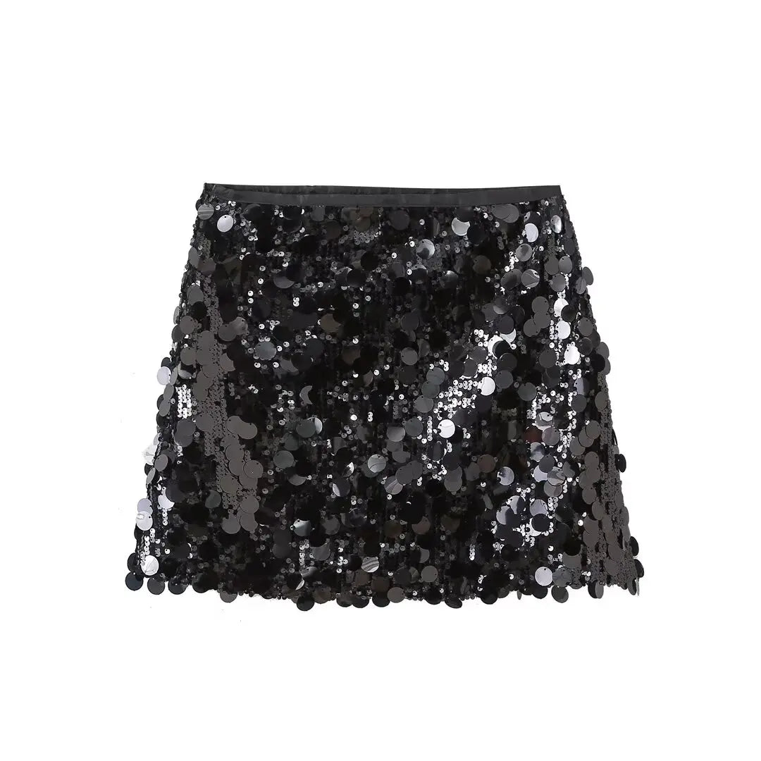 Black sequined mini skirt with a high-waist A-line silhouette, perfect for elegant evening looks.