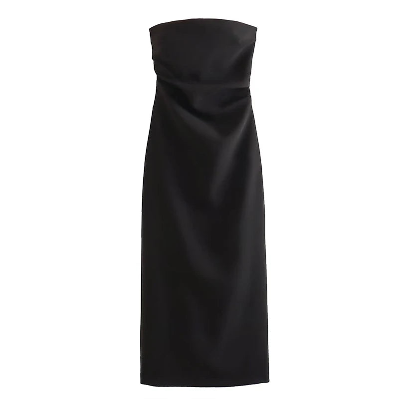 Elegant black strapless fitted midi dress with subtle waist folds, perfect for chic fall and winter events.