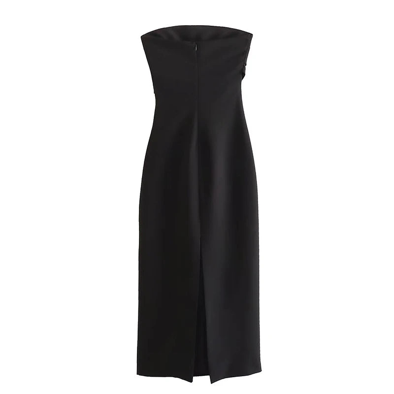 Classic black strapless midi dress, knee-length with sophisticated style for formal gatherings.