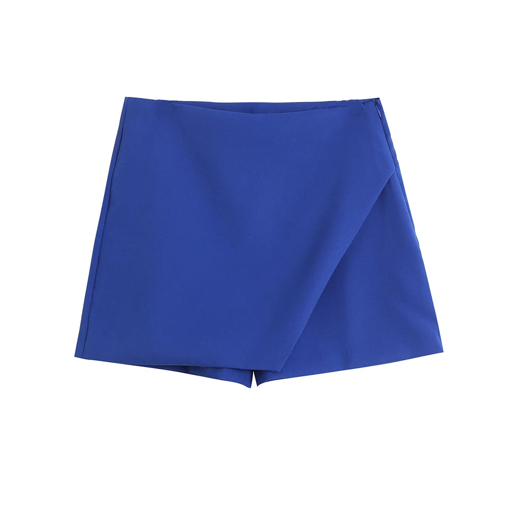 Blue asymmetrical high-waist skort, ideal for casual yet polished looks.