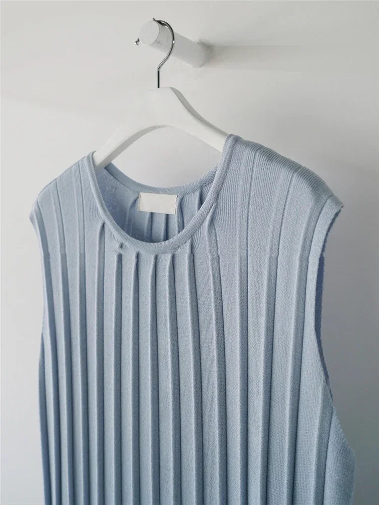 Casual blue knitted tank dress with high-stretch fabric for comfort and ease.