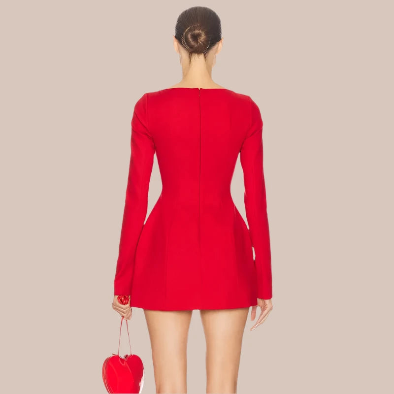 Back view of the red Bows Splice Mini Dress, showcasing the elegant bow and fit.