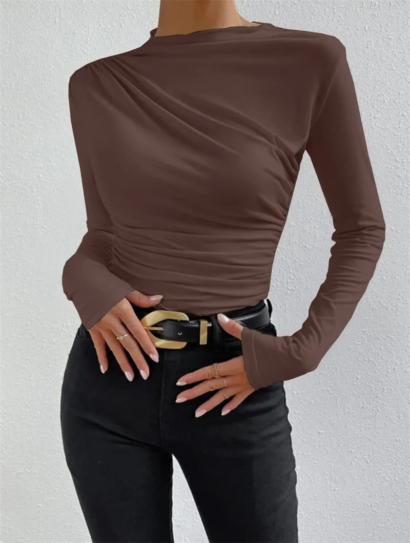 Chic and elegant brown pleated t-shirt, a must-have for sophisticated seasonal looks.