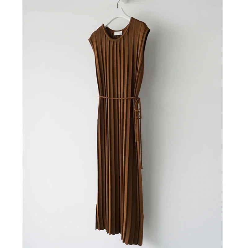 Brown knitted tank dress featuring a side split and mid-calf length, ideal for casual occasions.