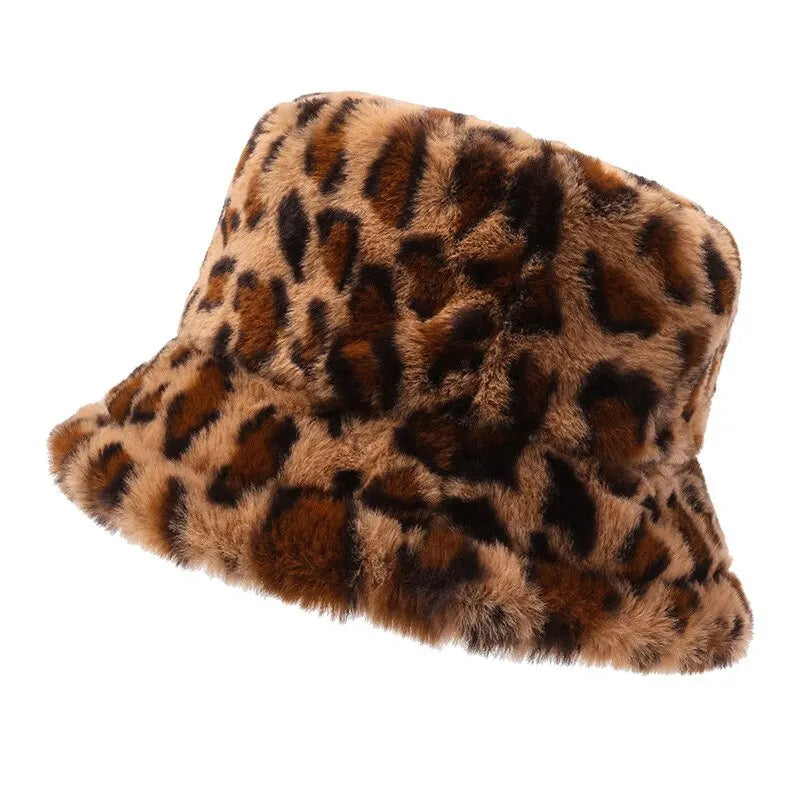 Cozy and casual brown leopard print bucket hat, perfect for everyday wear.