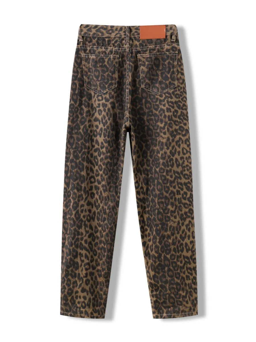 Back view of Brown Leopard Print Straight Leg Jeans highlighting the vintage style and fit