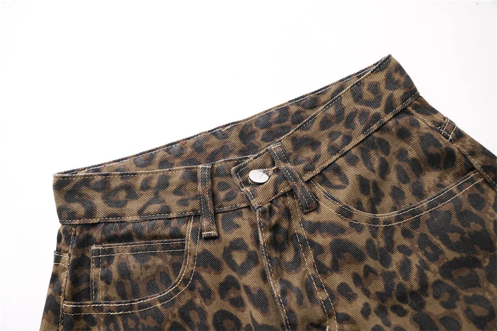 Front view of Brown Leopard Print Straight Leg Jeans showcasing the high-waisted design.