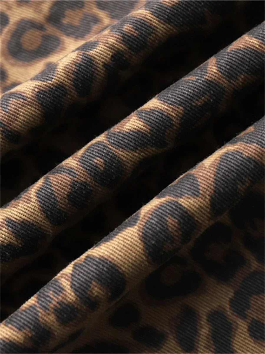 Close-up showing the fabric of Brown Leopard Print Straight Leg Jeans, highlighting the unique leopard print texture.