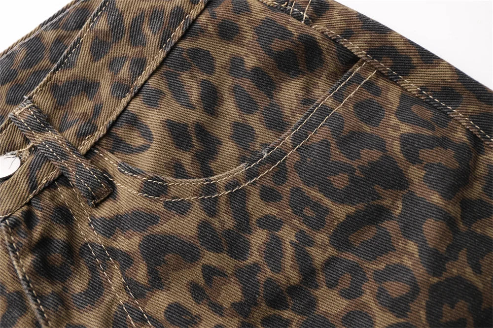 Close-up of the front pocket on Brown Leopard Print Straight Leg Jeans, illustrating functional design and style.