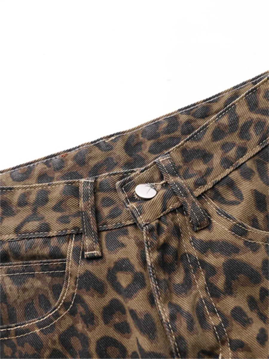 Zoomed-in front view of Brown Leopard Print Straight Leg Jeans, detailing the fabric and print