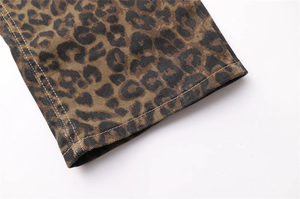Close-up view of the leg of Brown Leopard Print Straight Leg Jeans, showcasing the straight leg fit.