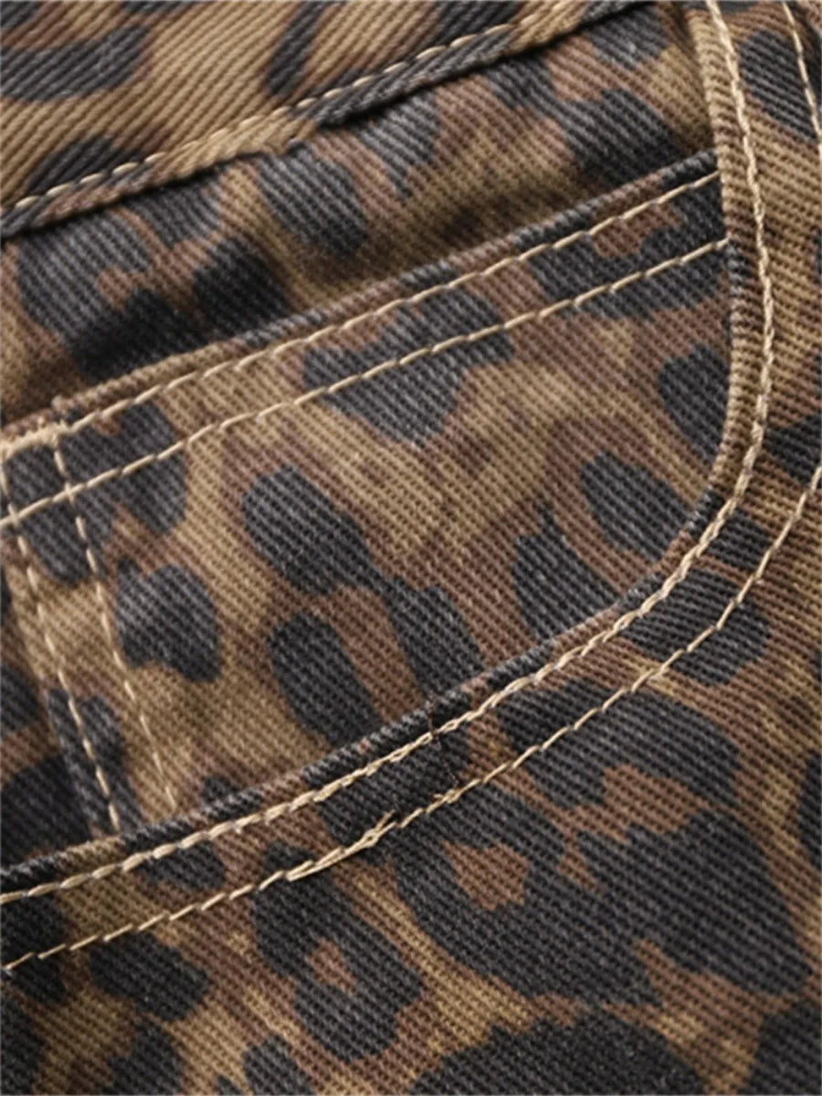 Close-up of the pockets on Brown Leopard Print Straight Leg Jeans, emphasizing functional design.