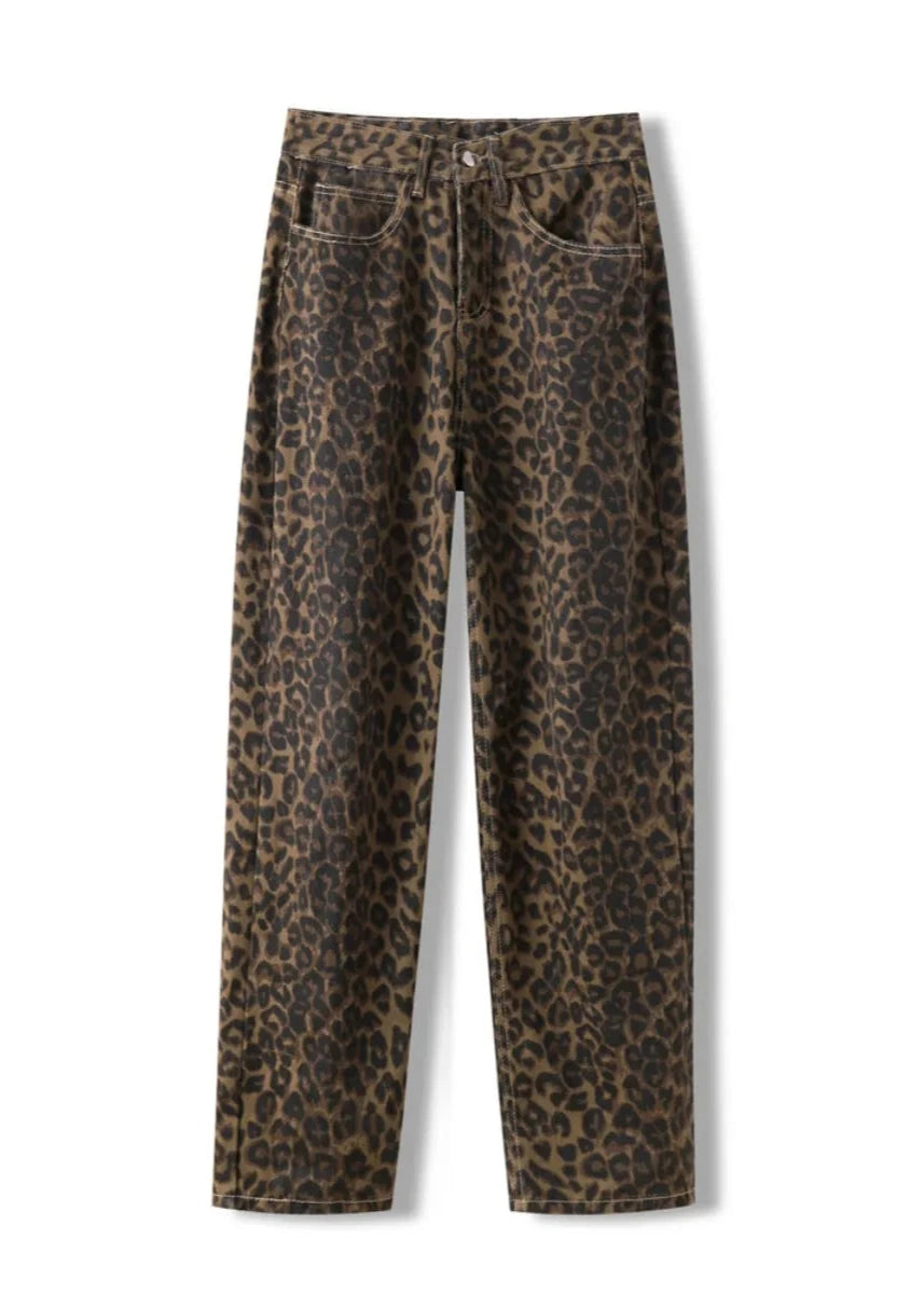 Brown Leopard Print Straight Leg Jeans showcasing the high-waisted design