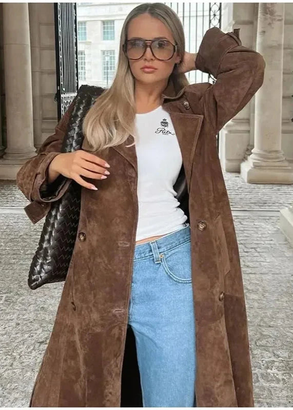 Brown Suede Long Coat with double-breasted closure and turn-down collar