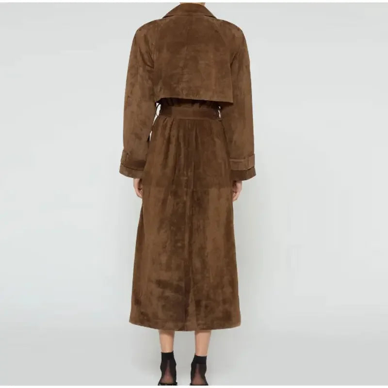 Brown Suede Long Coat’s turn-down collar with smooth texture