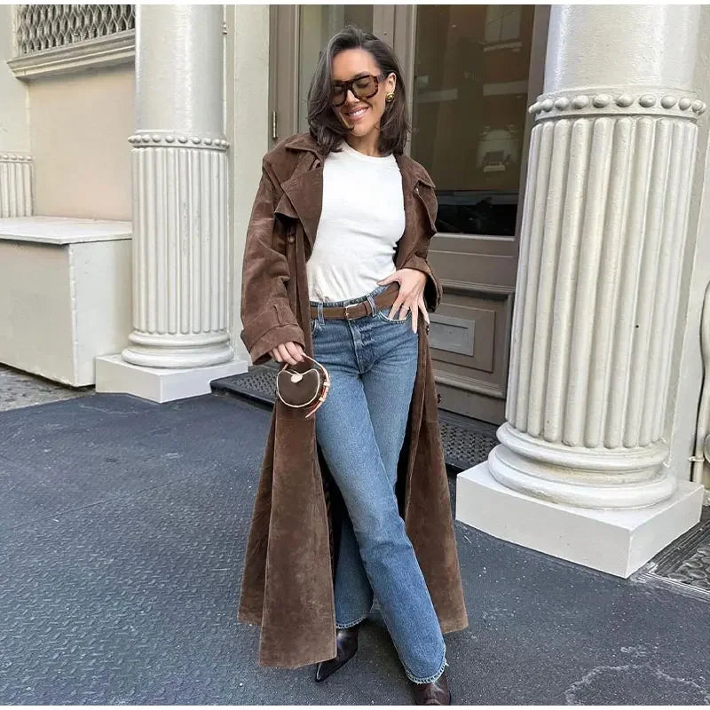 Brown Suede Long Coat paired with casual office wear for a modern vibe