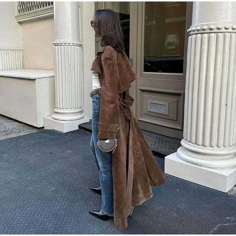 Full-body view of Brown Suede Long Coat in a relaxed, sophisticated style