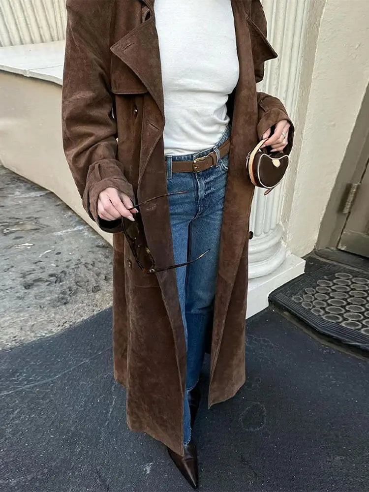 Belted waist of Brown Suede Long Coat highlighting the waistline