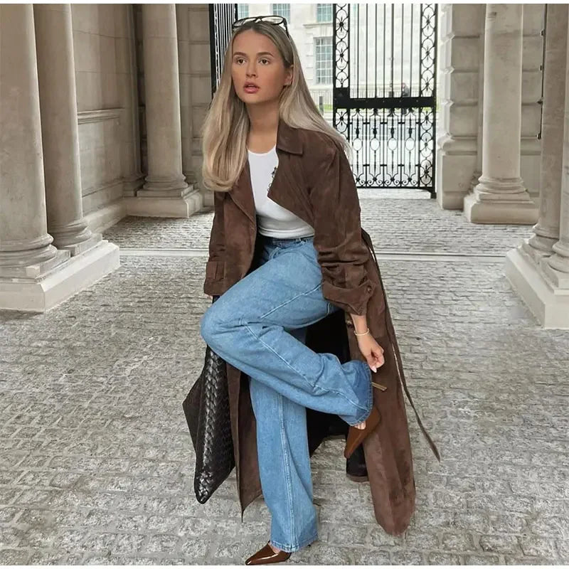 Brown Suede Long Coat with button details, perfect for winter outings