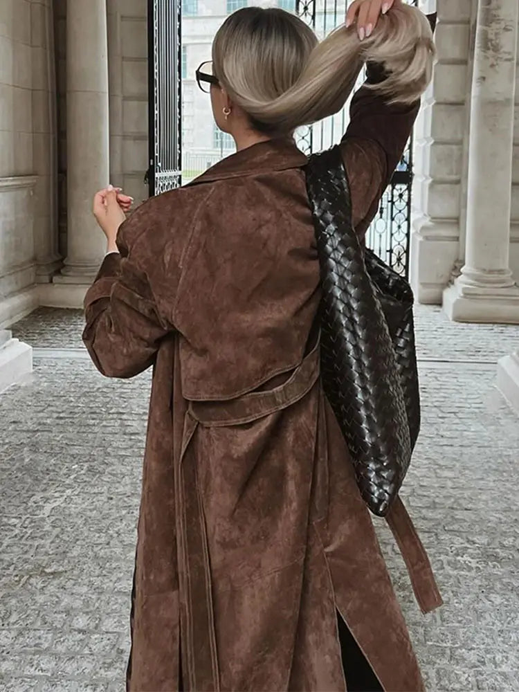 Back view of Brown Suede Long Coat with elegant double-breasted design
