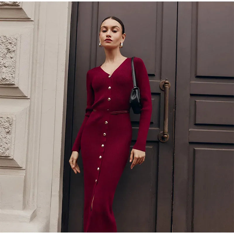 Front shot of Burgundy V-neck knitted long dress on model, capturing its stylish v-neck design.