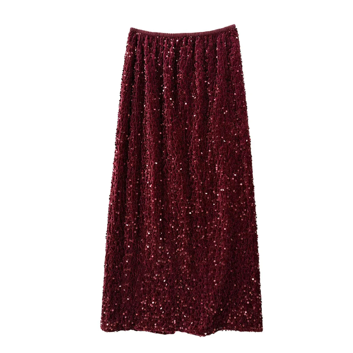 A rich burgundy skirt with a sequined velvet finish, exuding sophistication for end-of-year events.