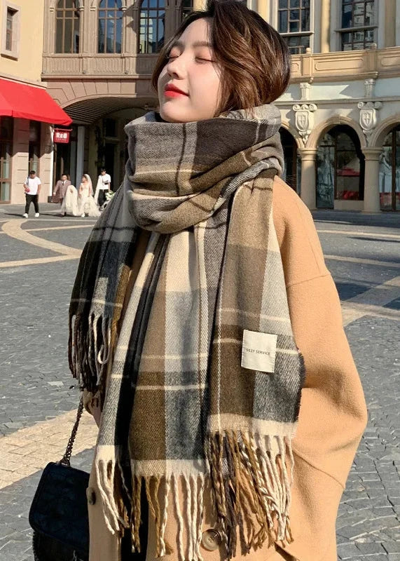 Classic plaid winter scarf in coffee variant, warm checkered shawl with soft texture