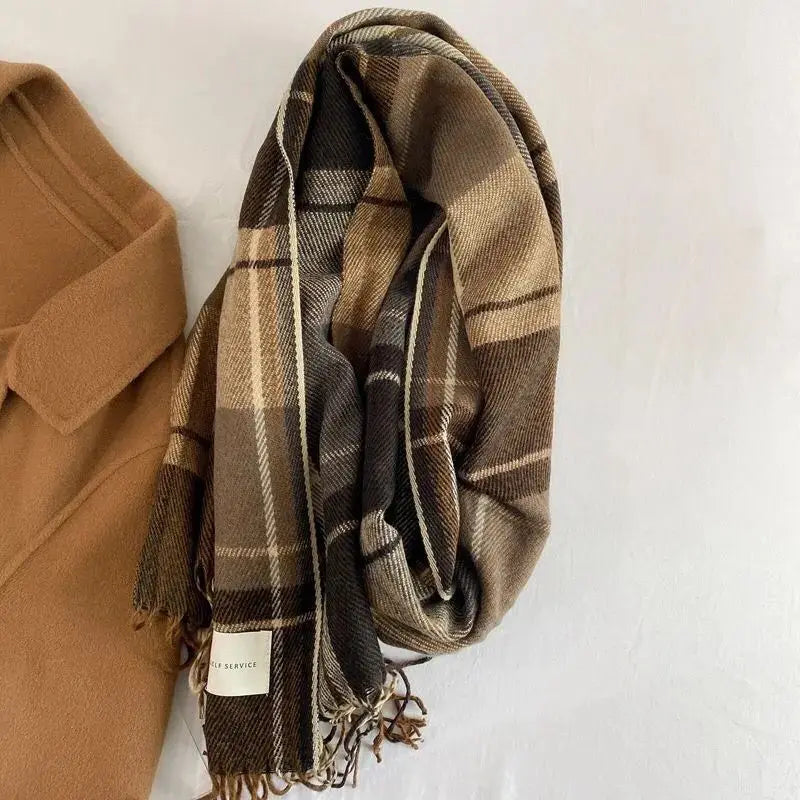 Coffee variant plaid winter scarf with checkered design, perfect for warmth and style