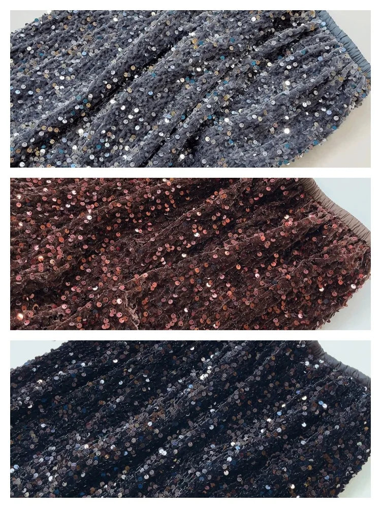 Close-up of coffee, silver, and black velvet sequin midi skirts, capturing the subtle differences in tones and sequin shimmer.