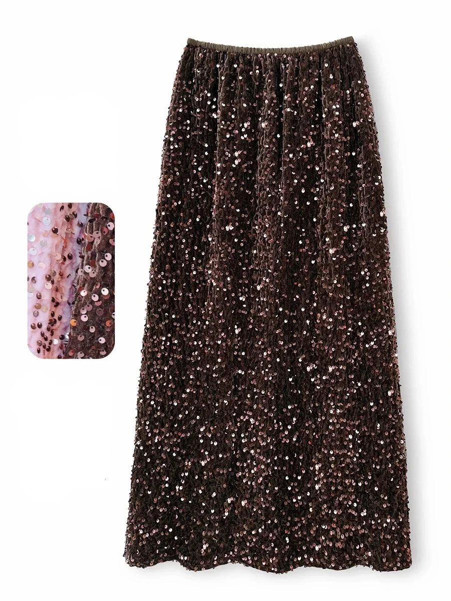 A warm coffee-toned velvet skirt adorned with sequins, combining elegance and trendiness