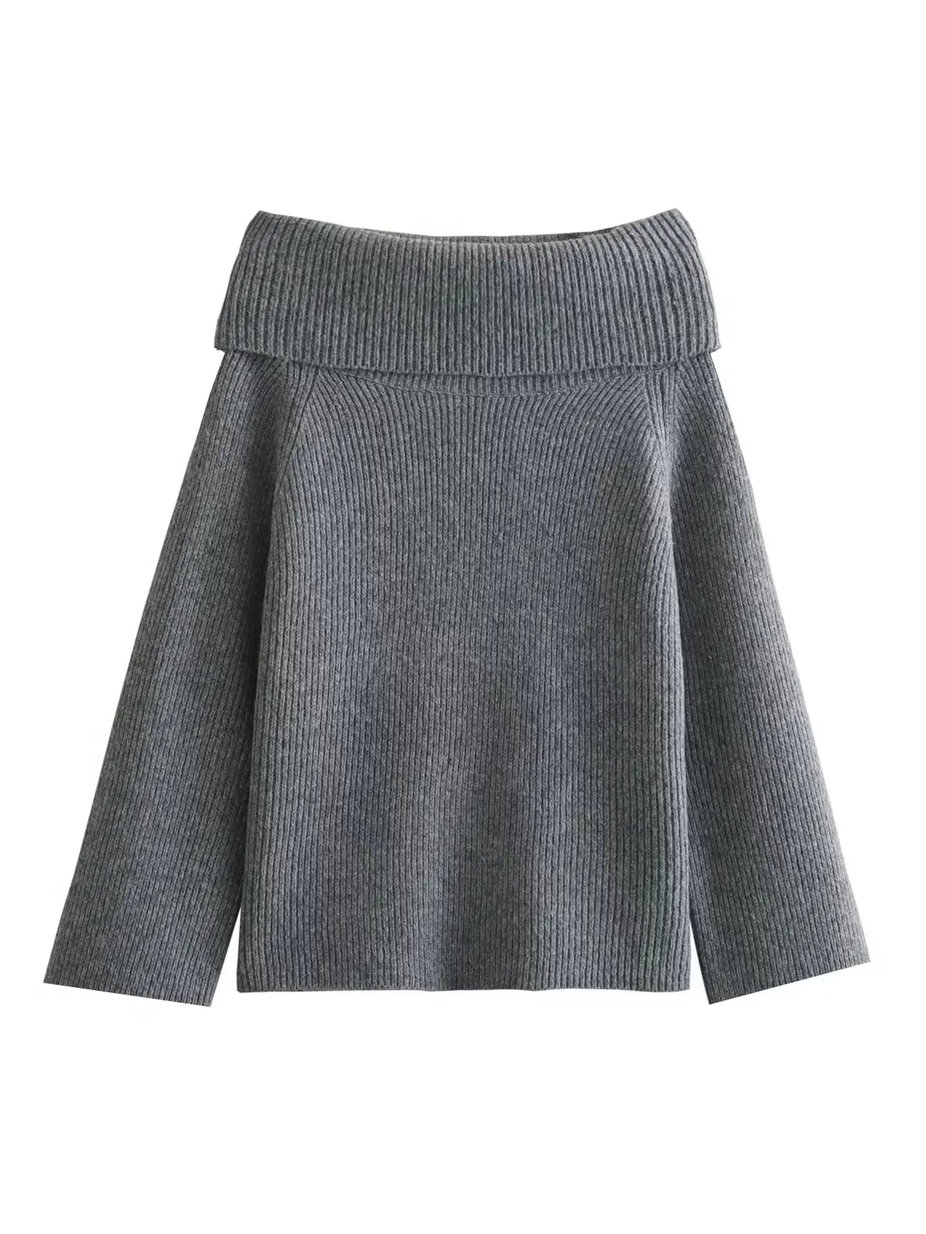 Cozy grey off-shoulder knitted sweater, blending comfort with a trendy style.
