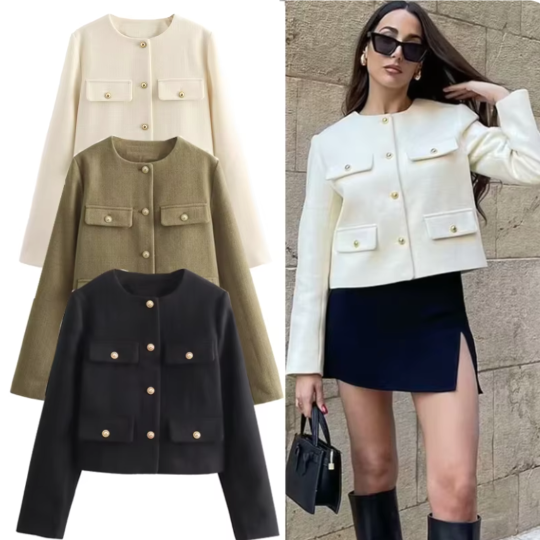 Collection of black, beige, navy, and khaki cropped long sleeve jackets for versatile style