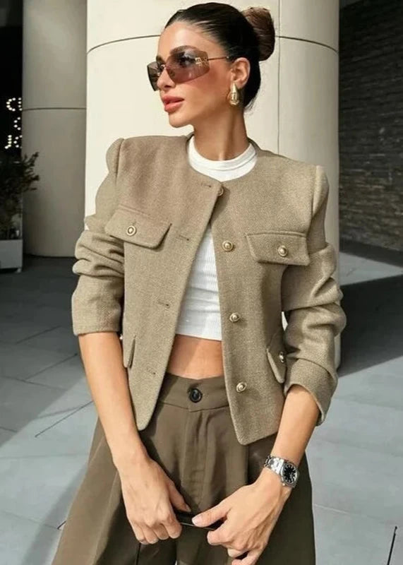 Chic khaki cropped long sleeve jacket, ideal for fall fashion and neutral outfits