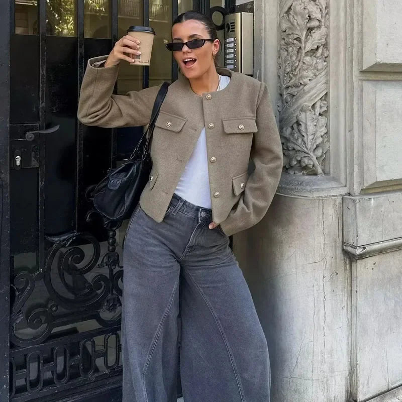 Khaki cropped jacket perfect for polished office looks and business style