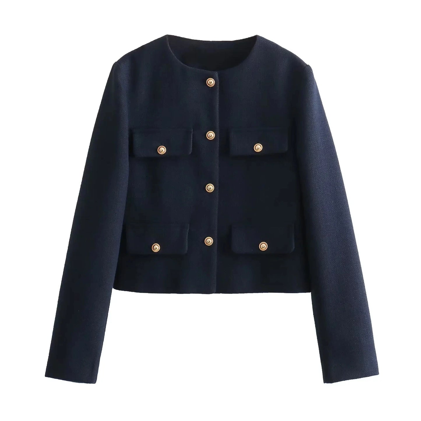 Luxury navy blue cropped jacket, versatile for office wear and evening looks