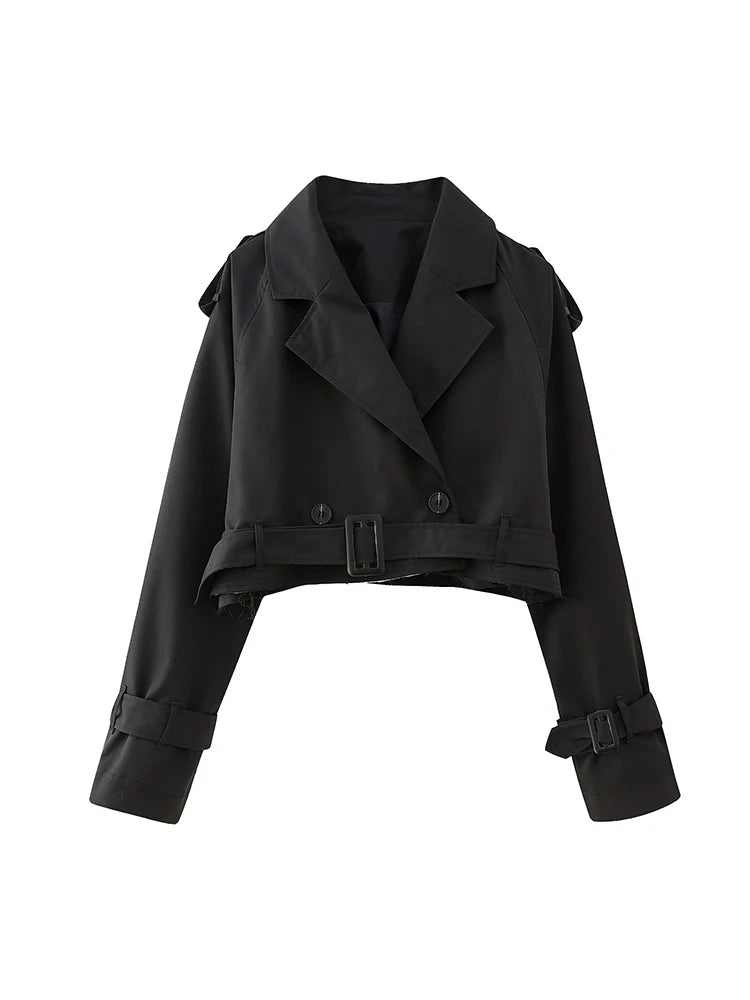Black cropped trench jacket with a luxe feel, perfect for a sophisticated look