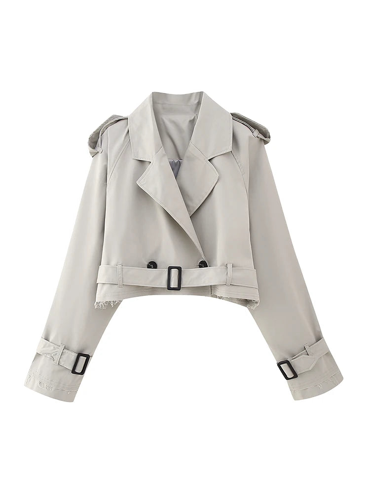 Elegant gray cropped trench jacket for refined and classy winter style
