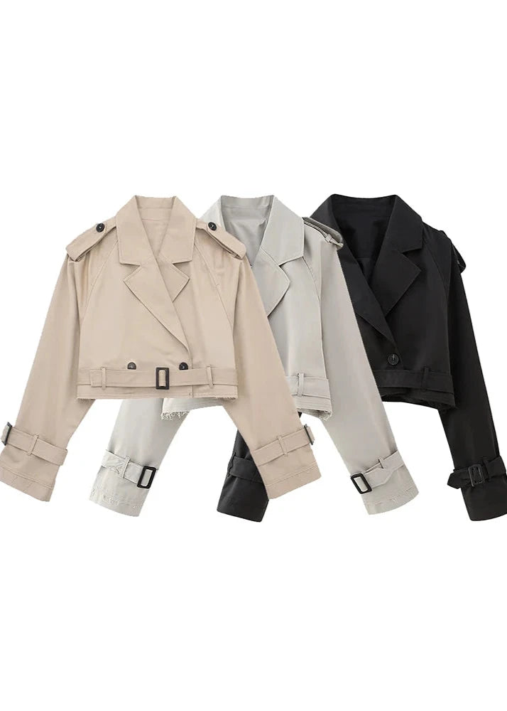 Collection of khaki, black, and gray cropped trench jackets for versatile style options