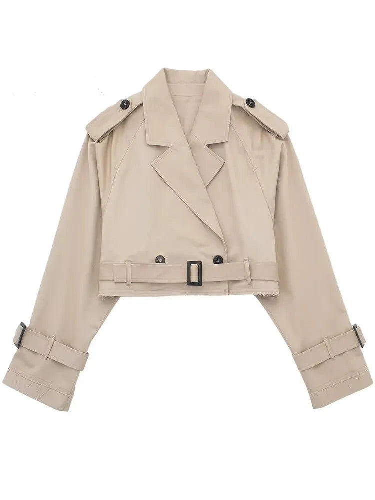 Classic khaki cropped trench jacket for a timeless fall fashion look