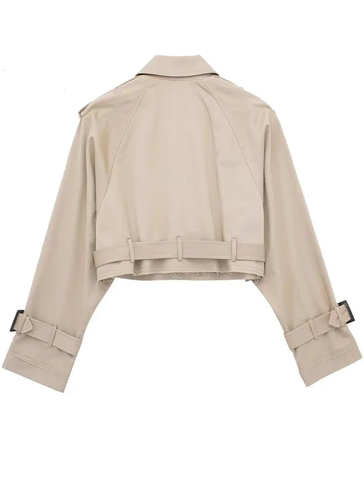 Elegant khaki cropped trench jacket, perfect for chic fall and winter outfits